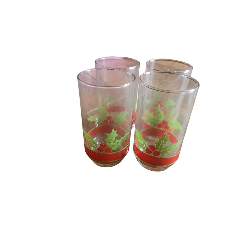 Vtg Libbey Christmas HOLLY & BERRIES Set of 4~5" 11 oz Flat Tumblers Red Band EC
